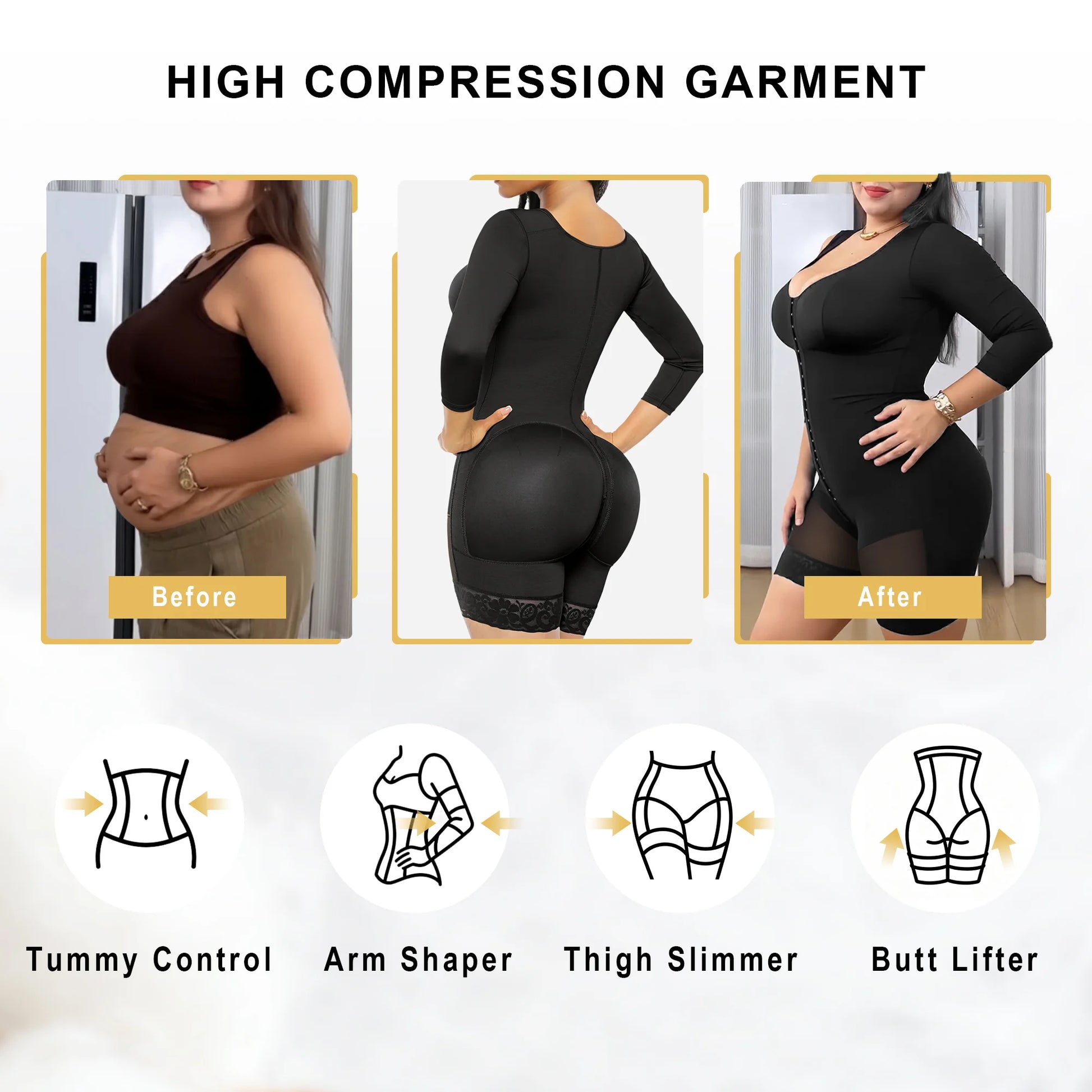 SHAPERX Post-Surgery Arm Slimming Full Body Faja with Zipper Crotch