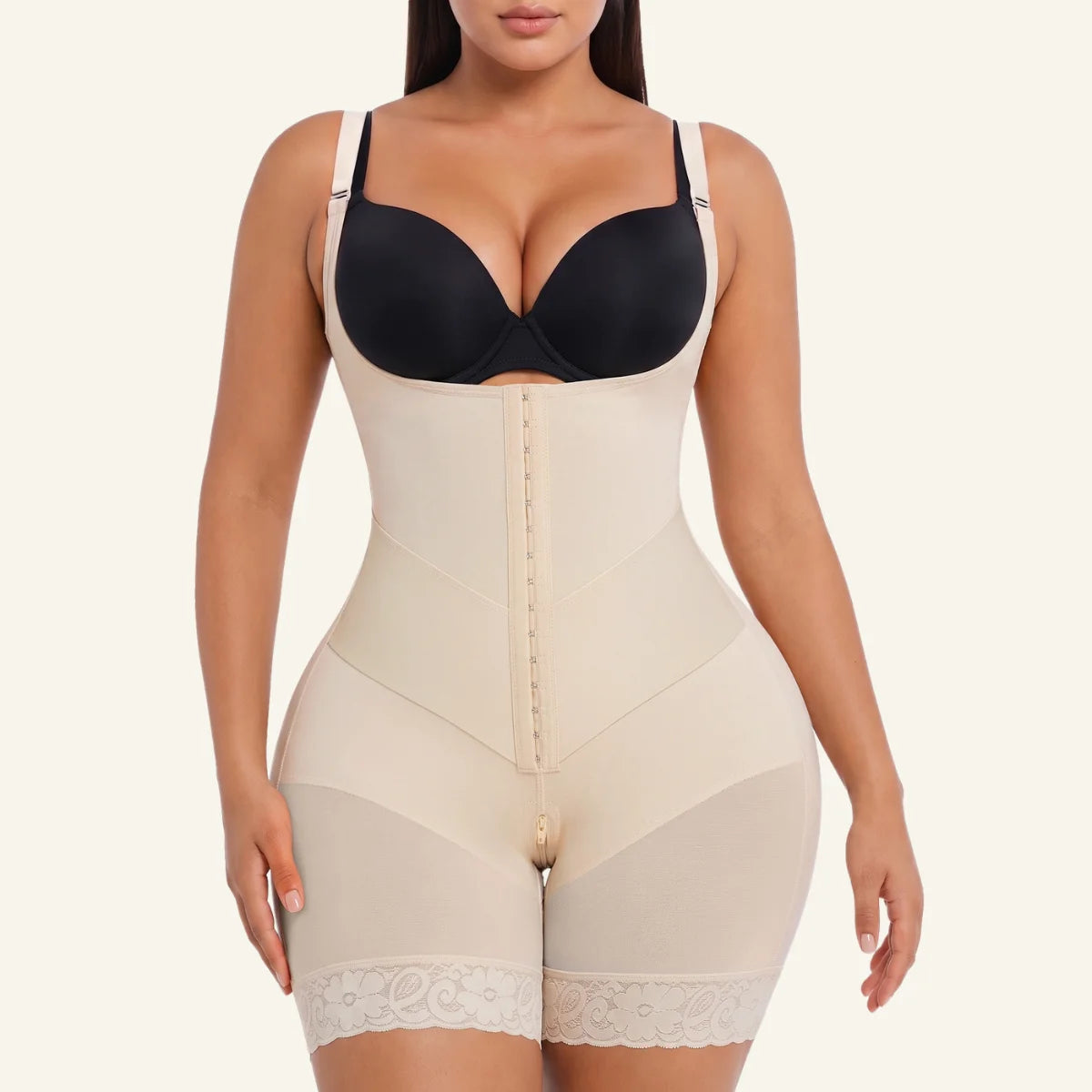 Front view of model wearing beige high-waist hook-and-eye faja bodysuit