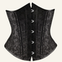 Black brocade underbust waist trainer corset front view with steel busk closure by SHAPERX