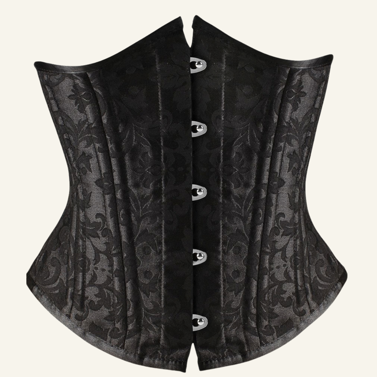 Black brocade underbust waist trainer corset front view with steel busk closure by SHAPERX