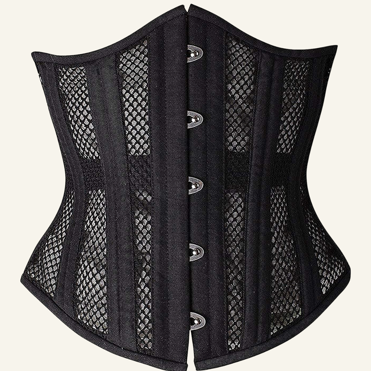 Black mesh underbust waist trainer corset front view with reinforced panels