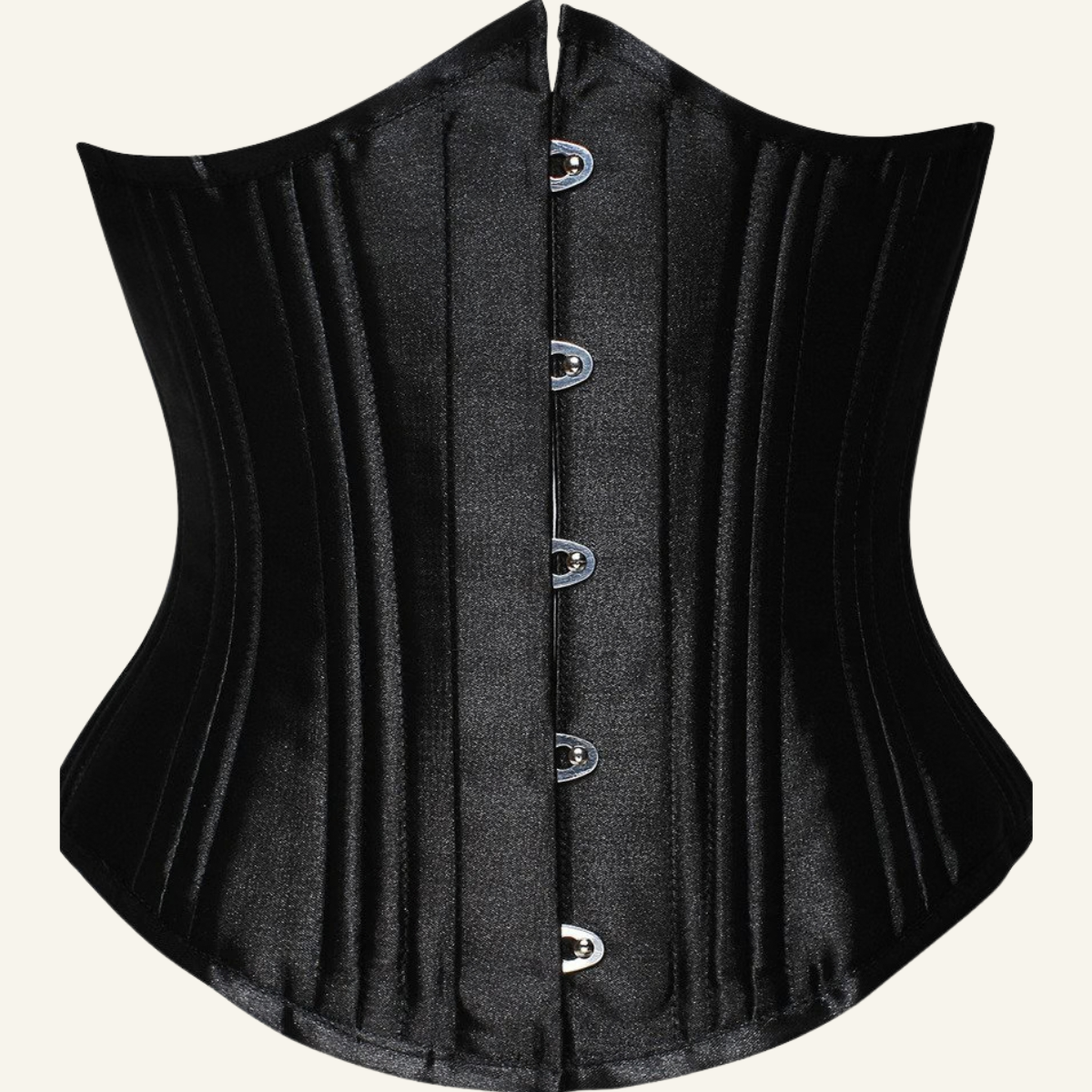 Plain black underbust waist trainer corset front view with steel busk closure