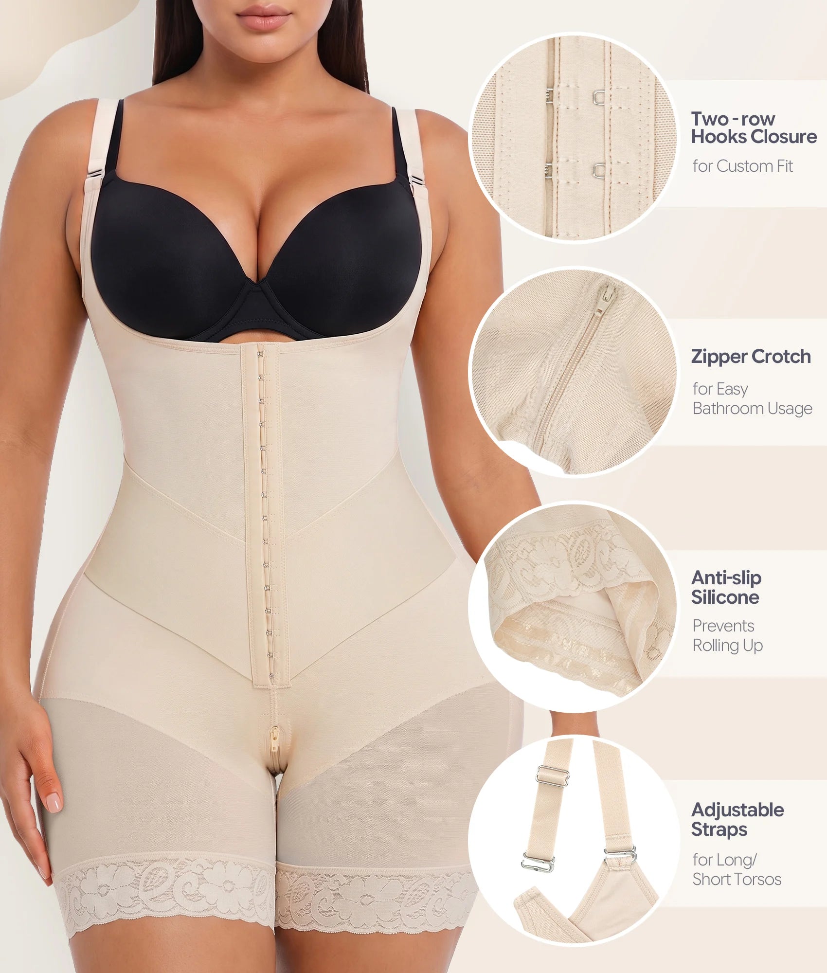 Structural feature details including hook closure and anti-slip lace on beige faja