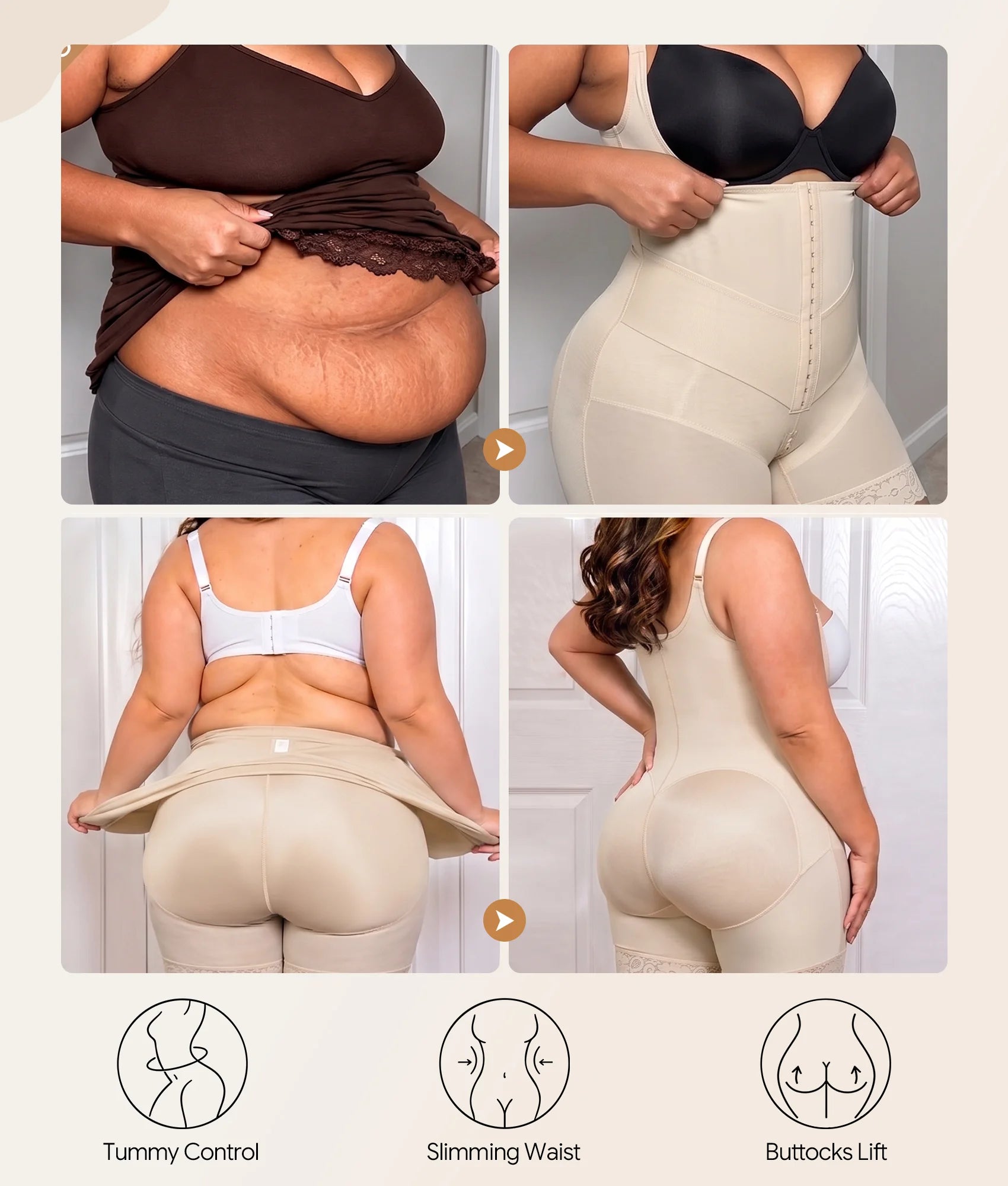 Before and after shaping comparison of model in beige butt-lifting faja