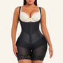 Front view of model wearing black V-shaped waist control faja bodysuit