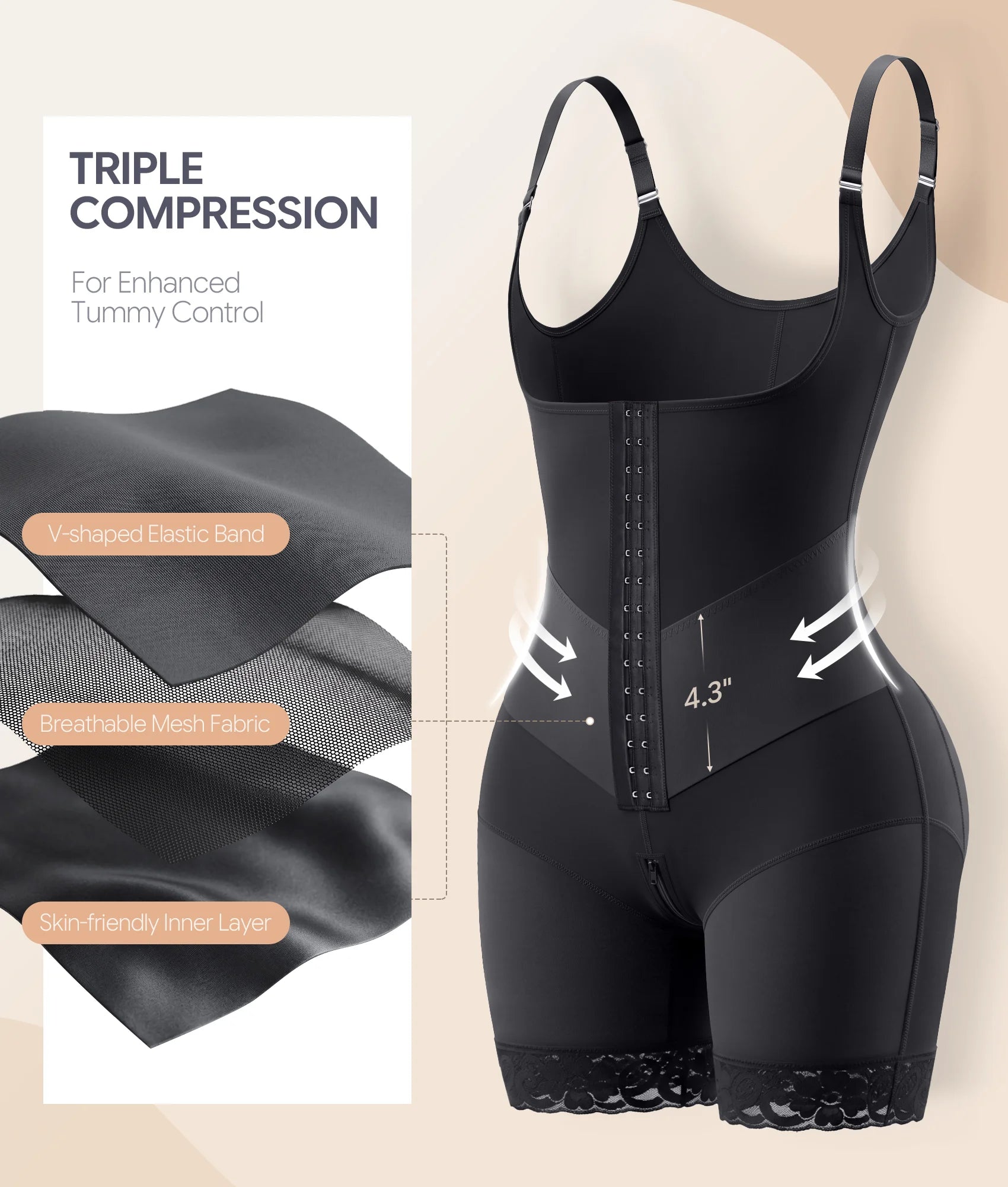 Triple compression fabric and design details of black V-shaped faja
