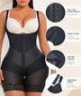 Feature callouts for adjustable straps, crotch zipper, and lace hem on black faja
