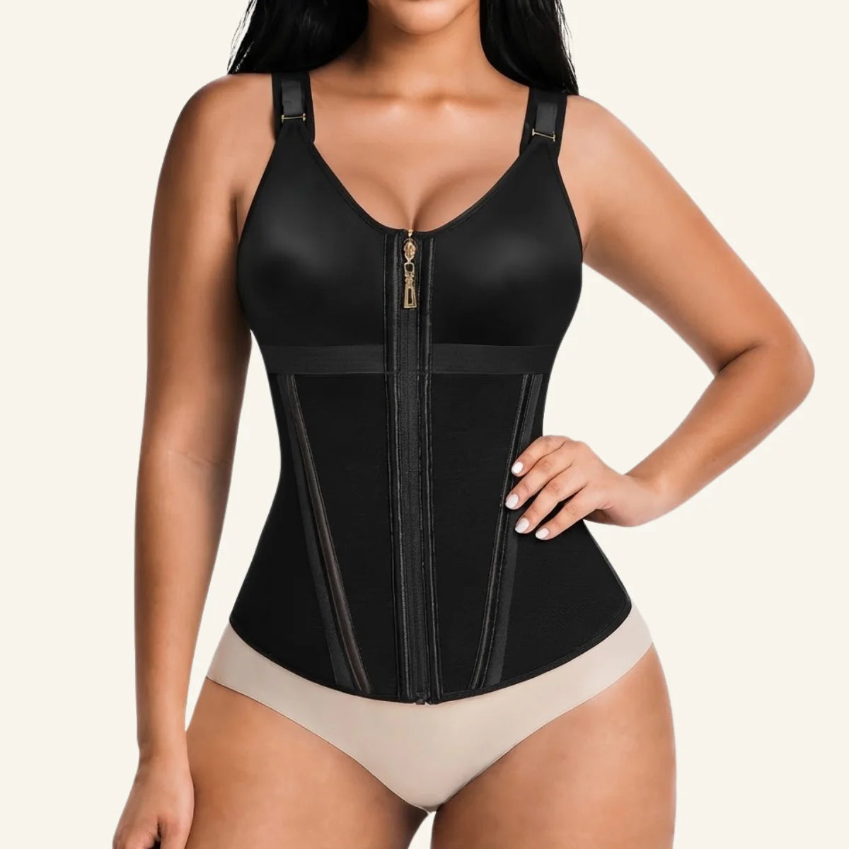 V-shape zip-up waist trainer top front view in Black