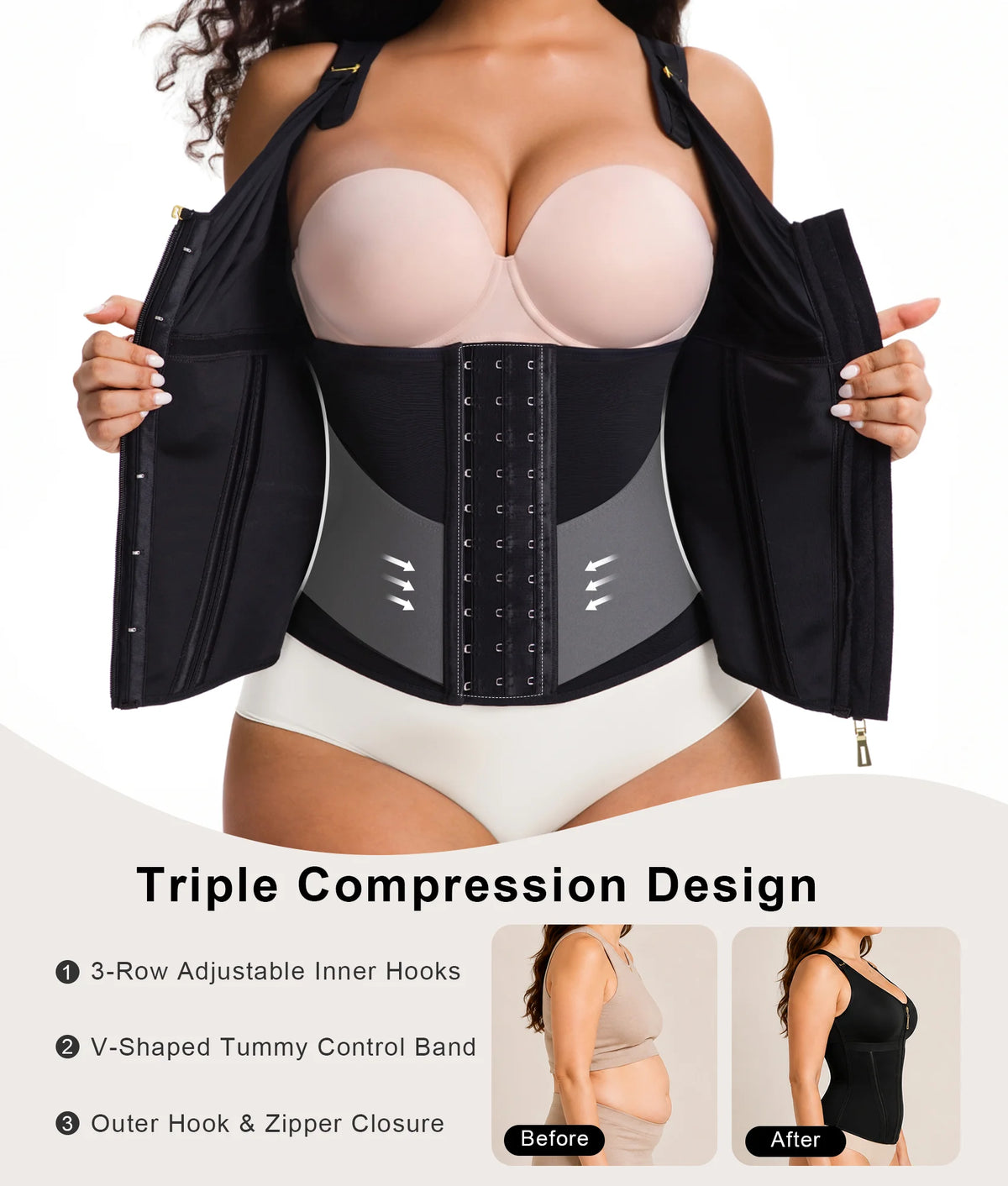 Triple-compression closure system on black V-shape waist trainer top