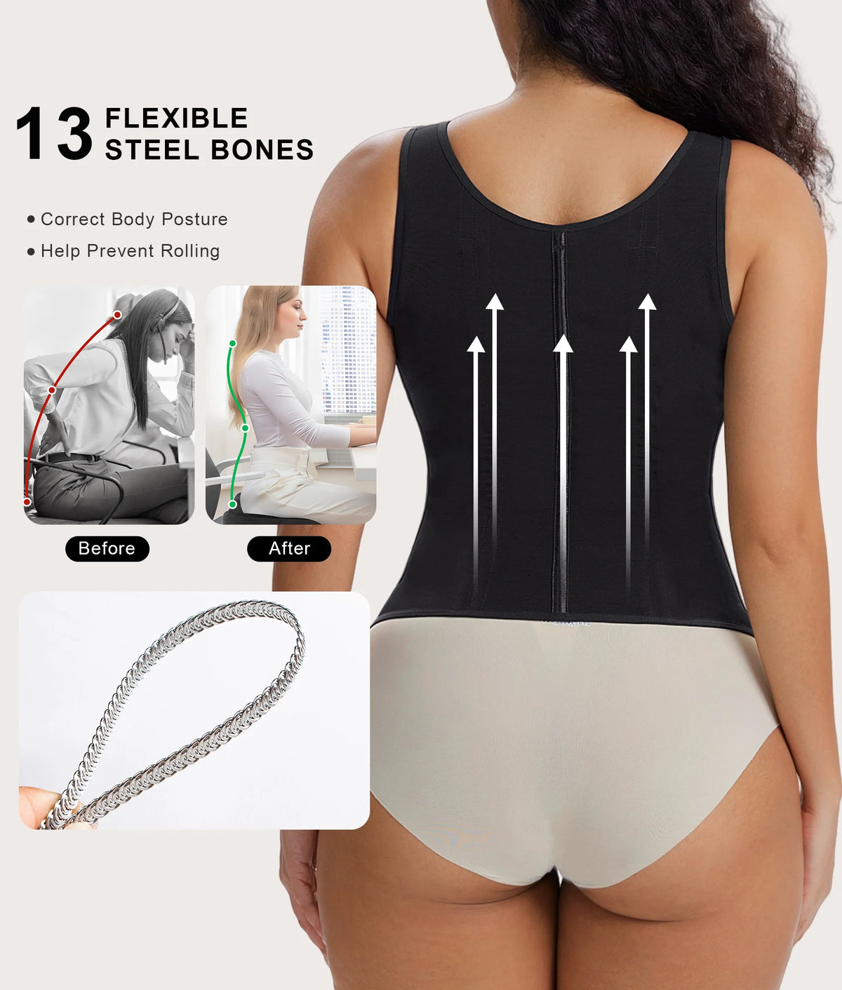 Back view of black waist trainer top highlighting 13 flexible steel bones