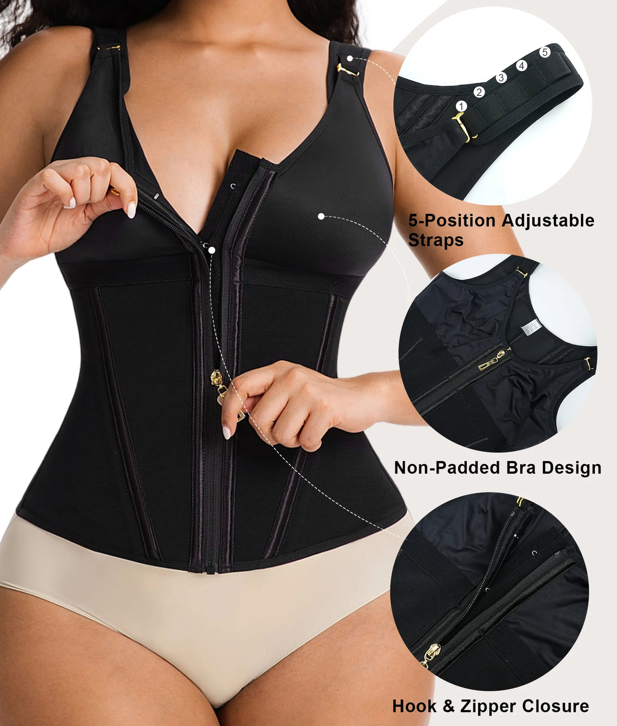 Adjustable shoulder strap and closure details on black waist trainer top