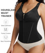 Front view of black V-shape waist trainer top with adjustable shoulder straps