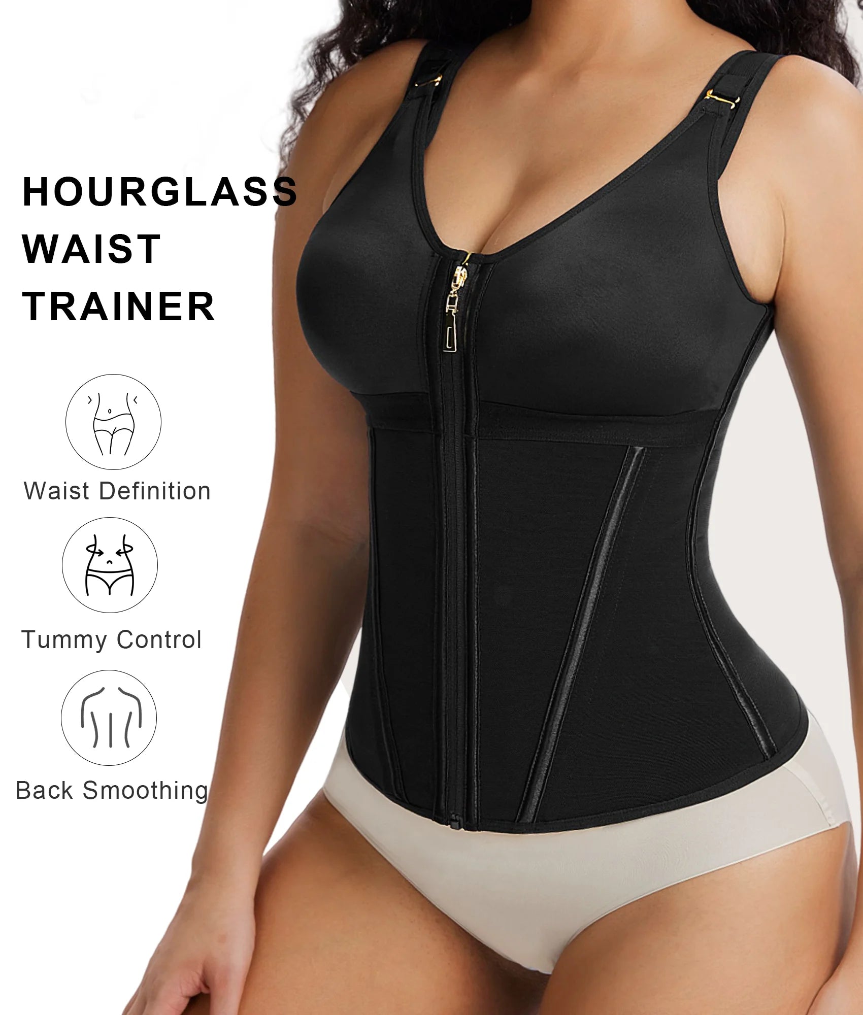 Front view of black V-shape waist trainer top with adjustable shoulder straps