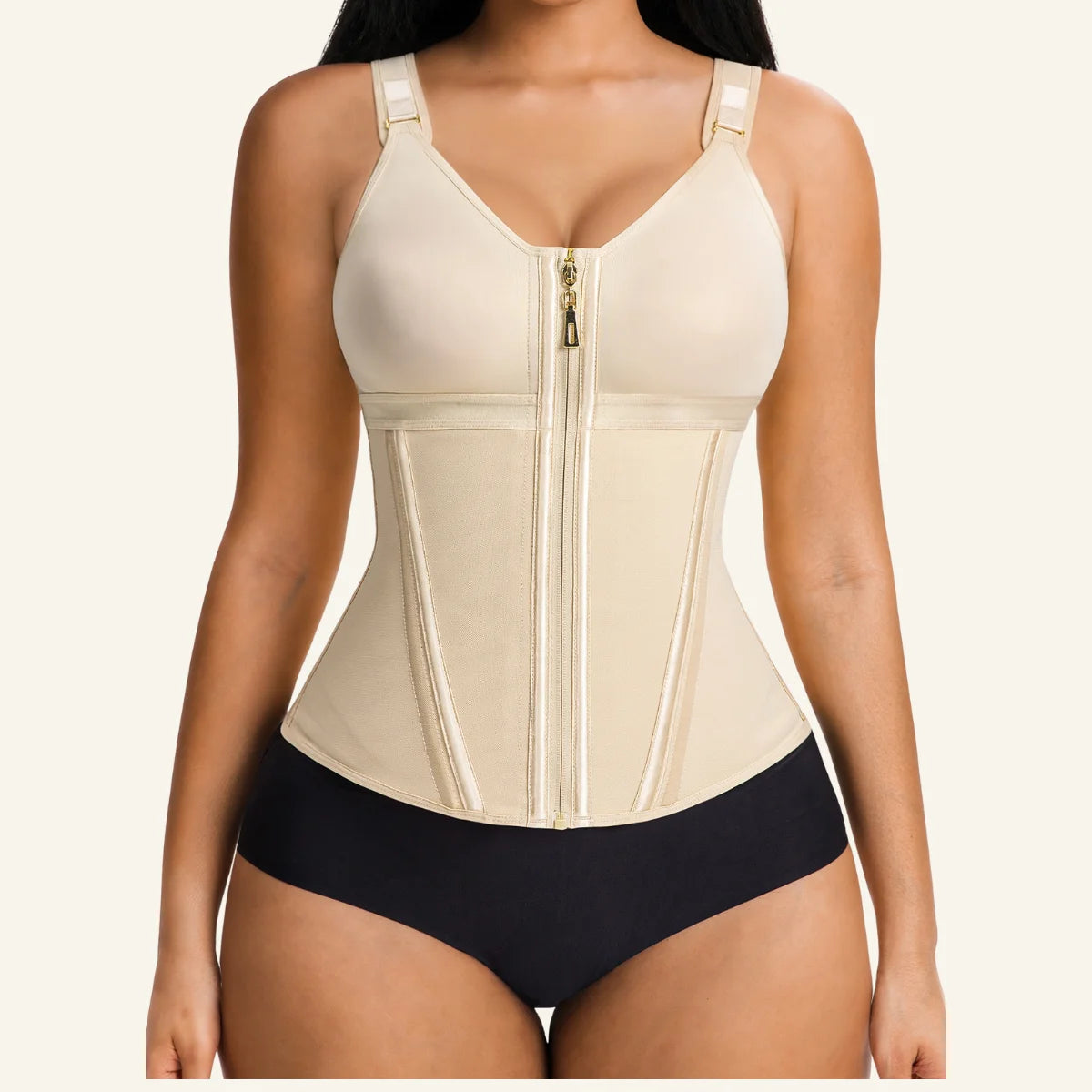 Model wearing a beige V-shape zip-front waist trainer top