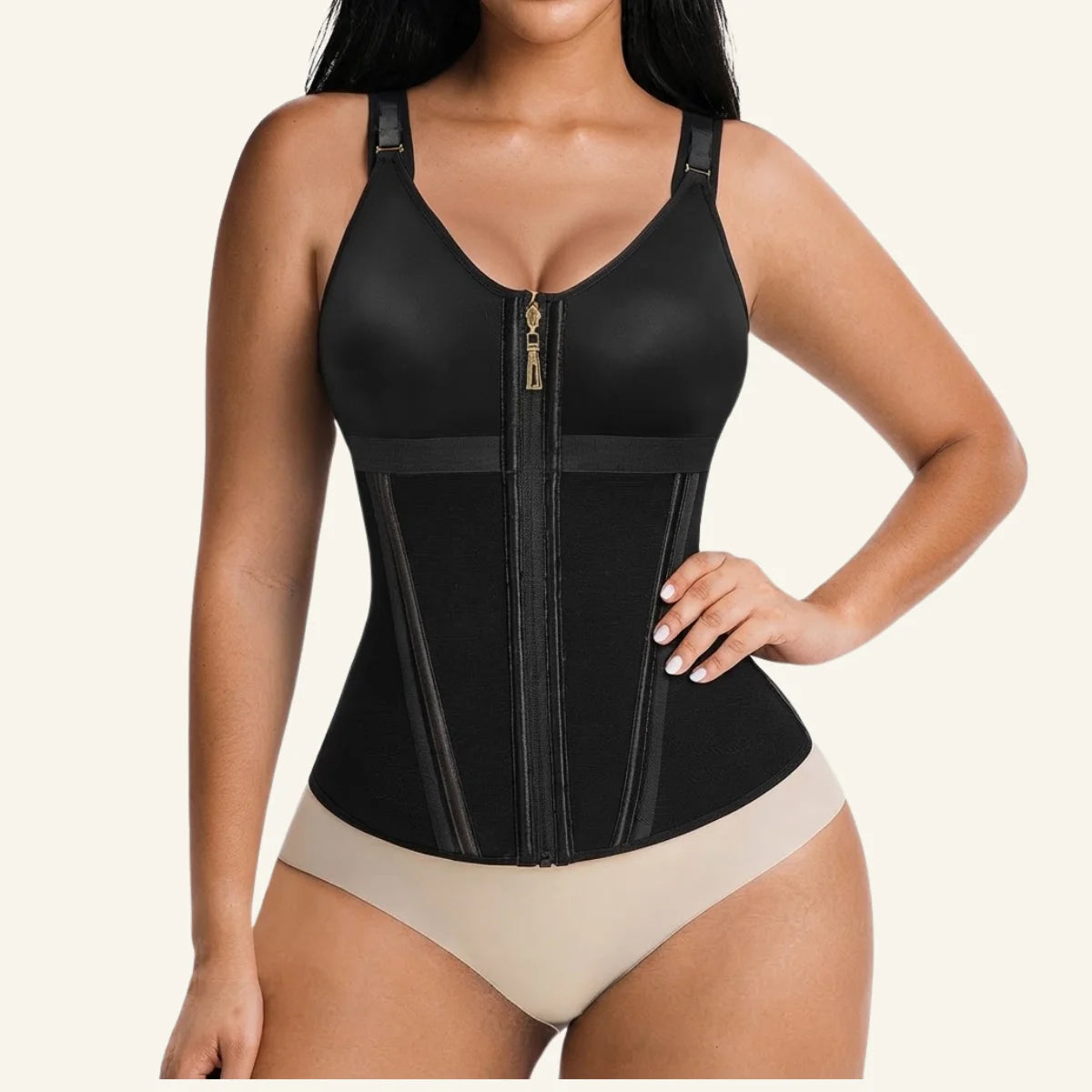 Model wearing a black V-shape zip-front waist trainer top