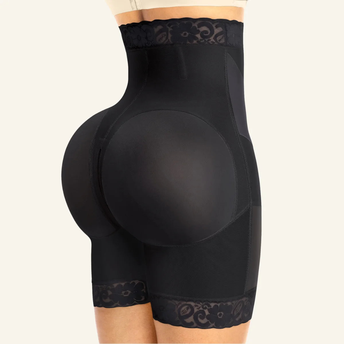 Rear view of black SHAPERX V-shaped strapless shaper shorts showing 3D butt lift and zipper detail