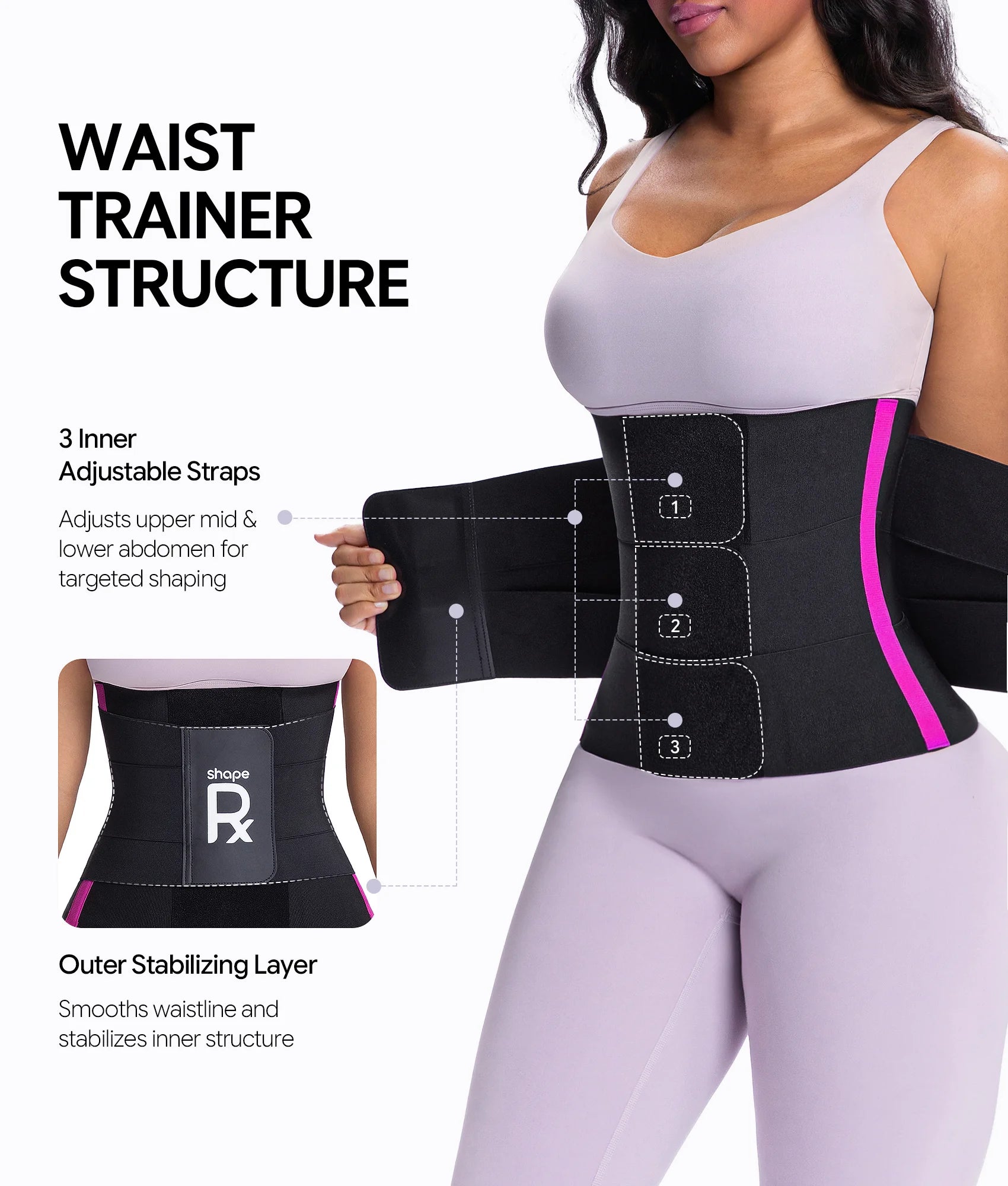 Model wearing black waist cincher with white 'shape Rx' logo, featuring inset before/after waist definition photos and 'HOURGLASS WAIST CINCHER' text