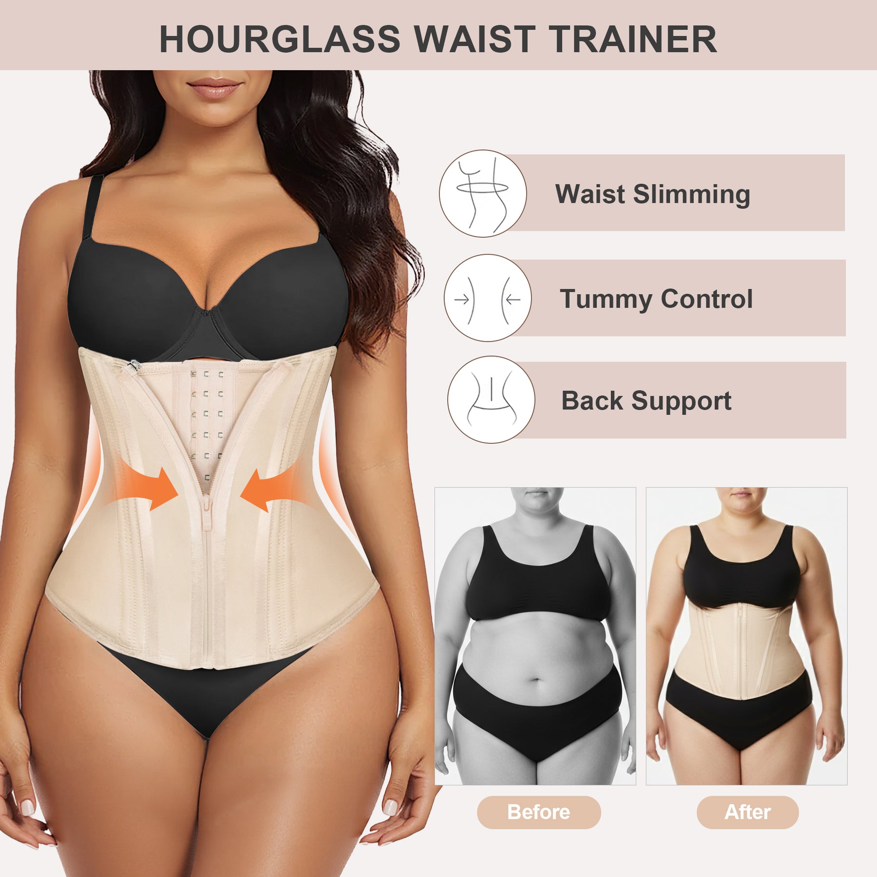 SHAPERX Waist Trainer for Women Tummy Control Workout Waist Cincher Corset Hourglass Body Shaper Zipper and Hooks