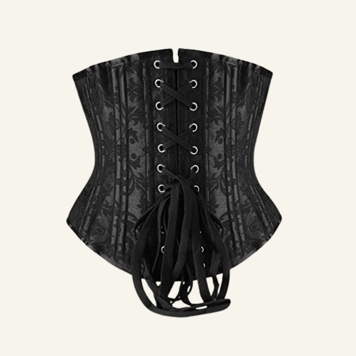 Black underbust waist training corset showing the adjustable lace-up back