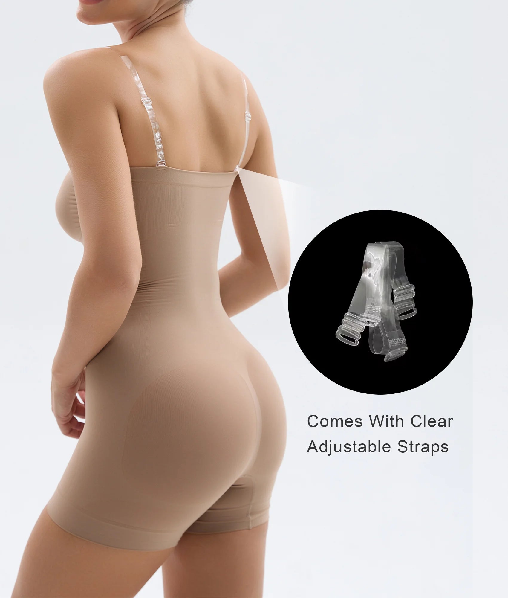Dark beige short shapewear bodysuit with clear adjustable straps